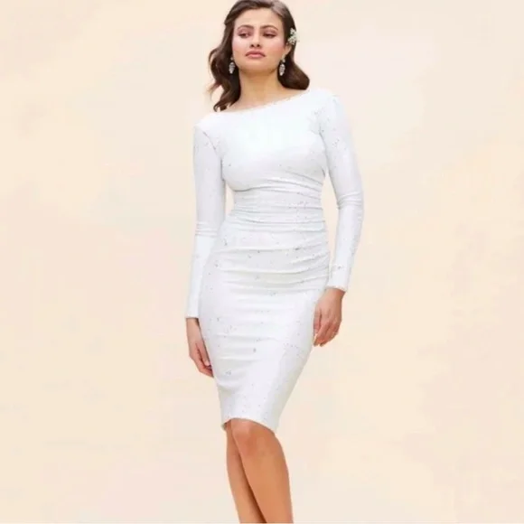 Dress The Population NWT Emilia Long Sleeve Ruched Dress in White Sequins Size M - Picture 5 of 17
